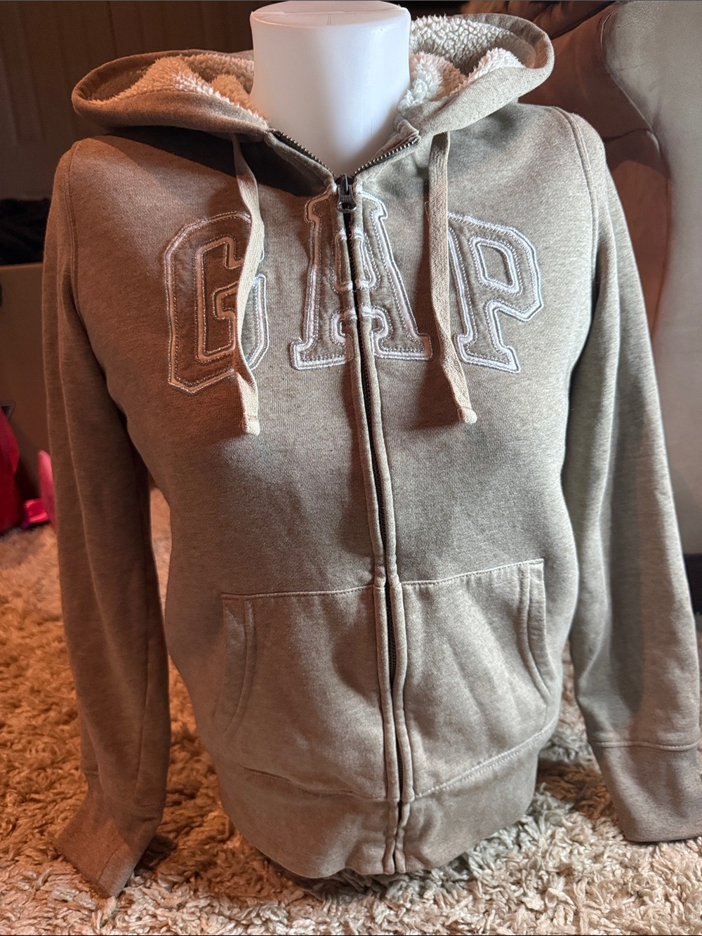 GAP Y2K Taupe Brown Sherpa-Lined Zip-Up Logo Hoodie